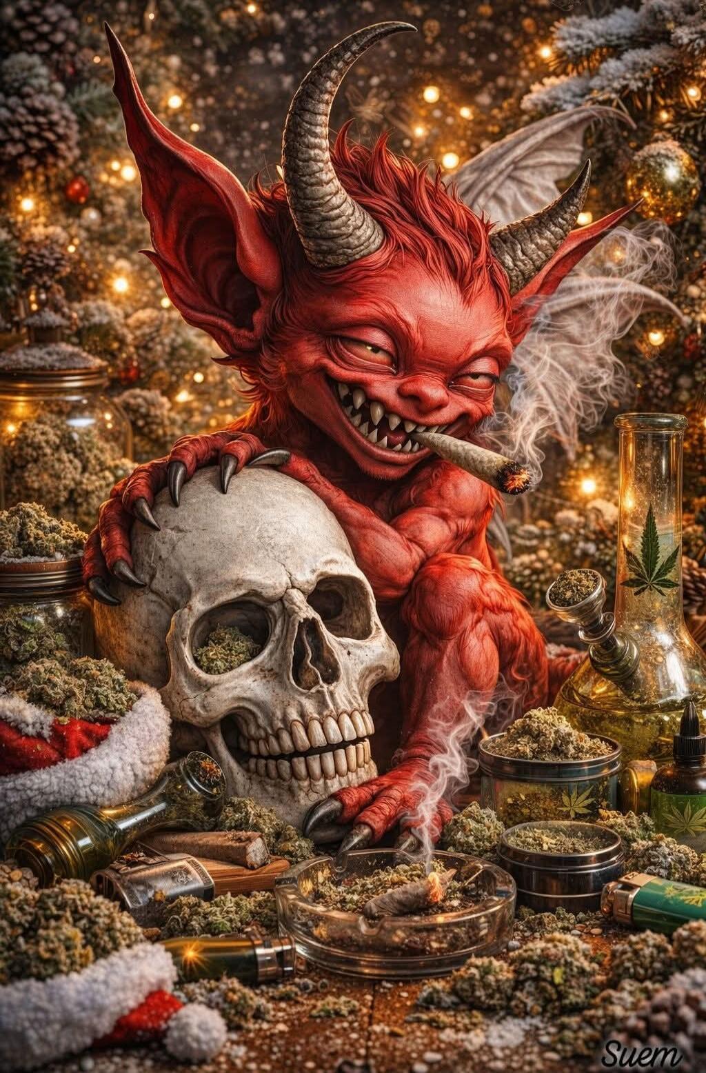 Red demon with horns smoking a joint next to a skull, surrounded by cannabis buds and paraphernalia in a festive, ornament-filled scene.