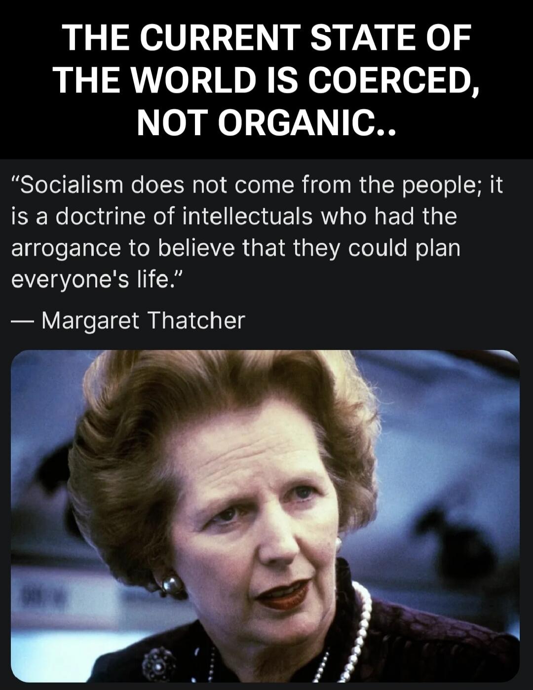 THE CURRENT STATE OF THE WORLD IS COERCED, NOT ORGANIC.. Socialism does not come from the people; it is a doctrine of intellectuals who had the arrogance to believe that they could plan everyone's life. - Margaret Thatcher