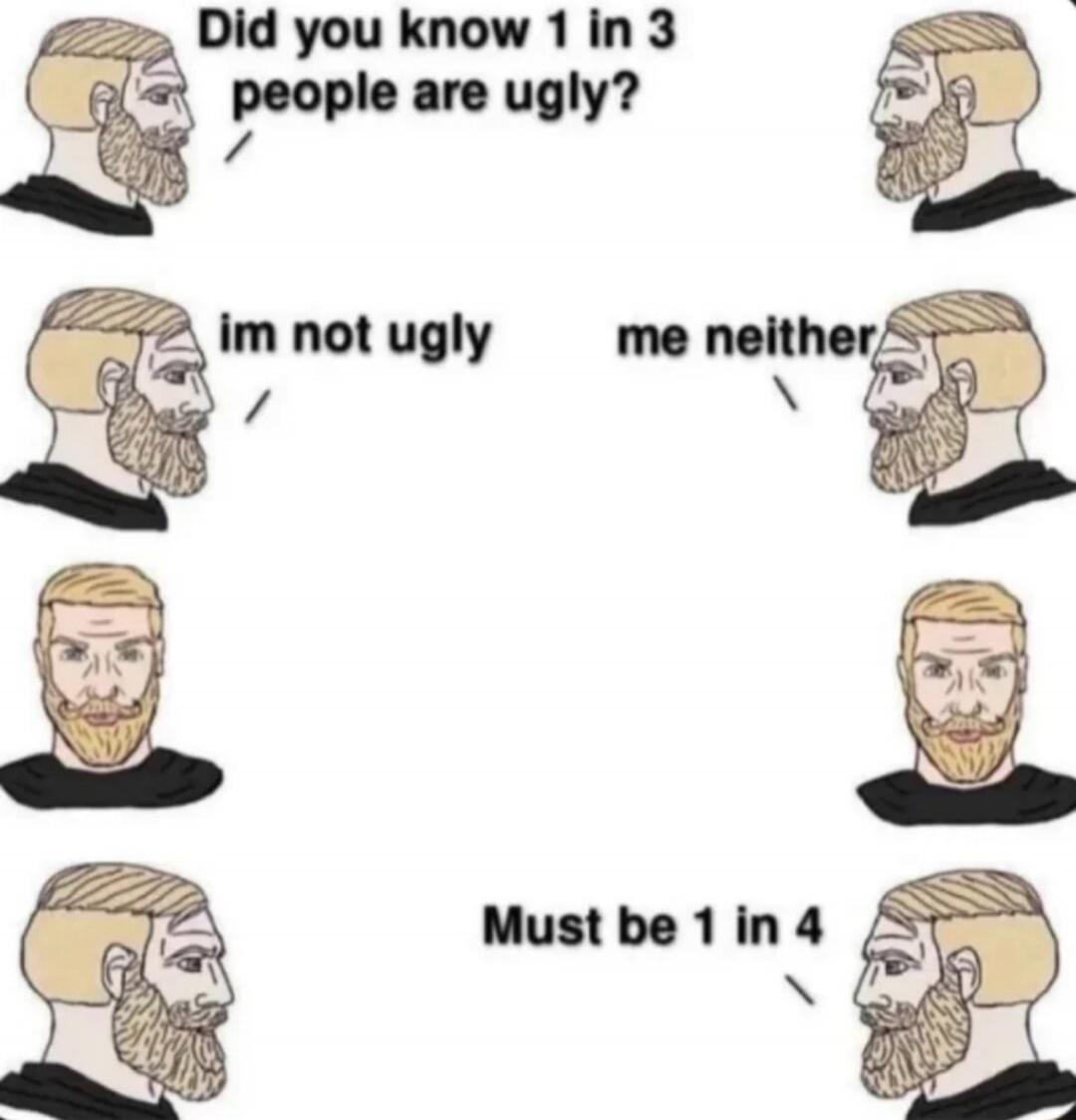 Did you know 1 in 3 people are ugly? I'm not ugly. Me neither. Must be 1 in 4.