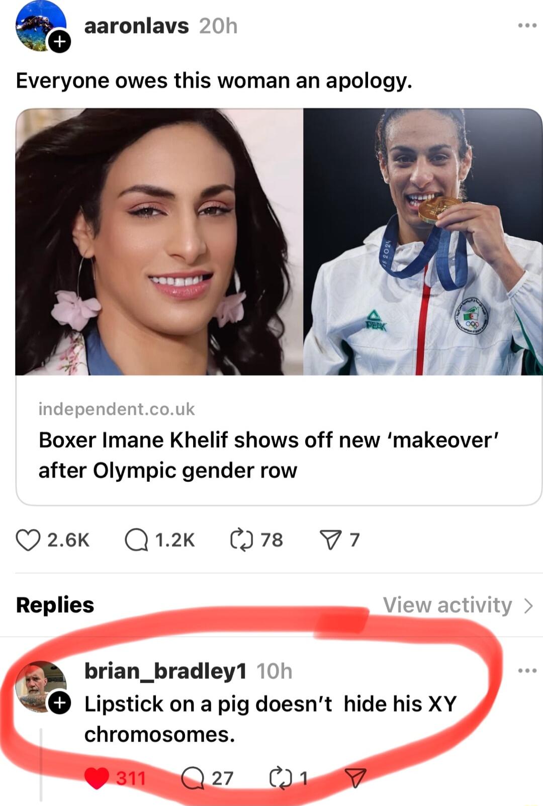 aaronlavs Everyone owes this woman an apology Boxer Imane Khelif shows off new makeover after Olympic gender row Q2ek Qrk Q78 V7 Replies brian_bradley1 SO Lipstick on a pig doesnt hide his XY chromosomes 027 CLi gl