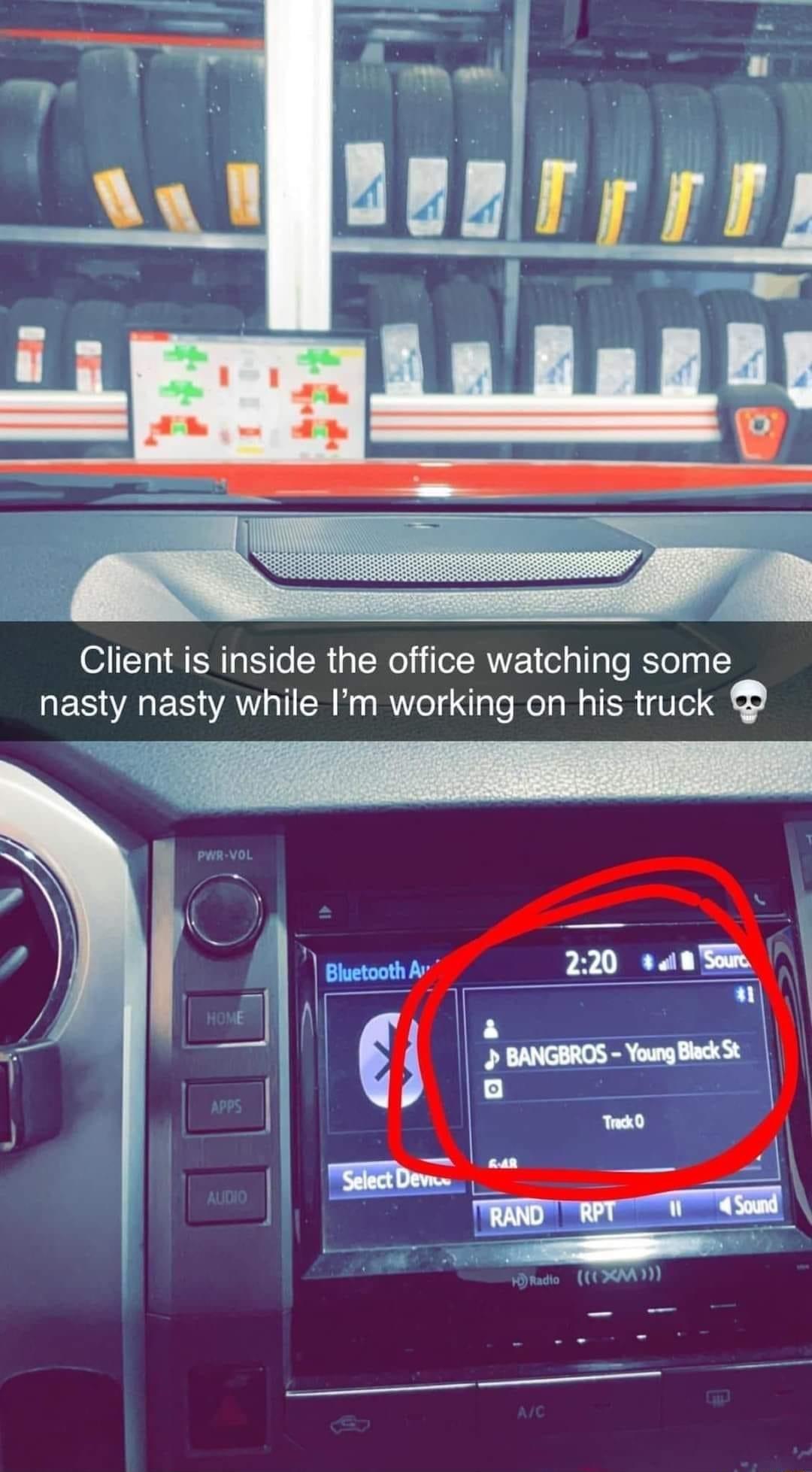 Client is inside the office watching some nasty nasty while Im working on his truck