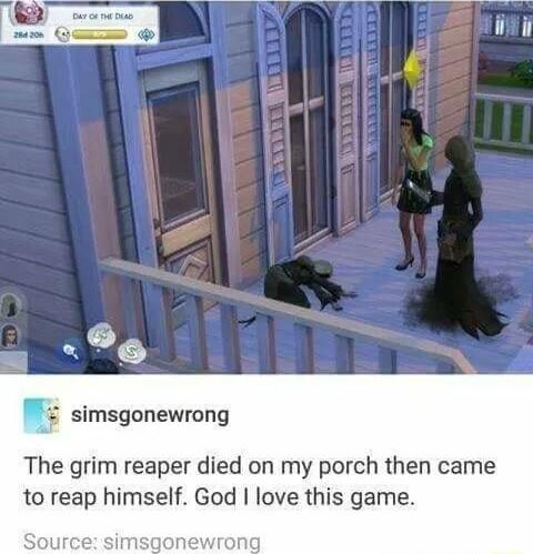 simsgonewrong The grim reaper died on my porch then came to reap himself God love this game