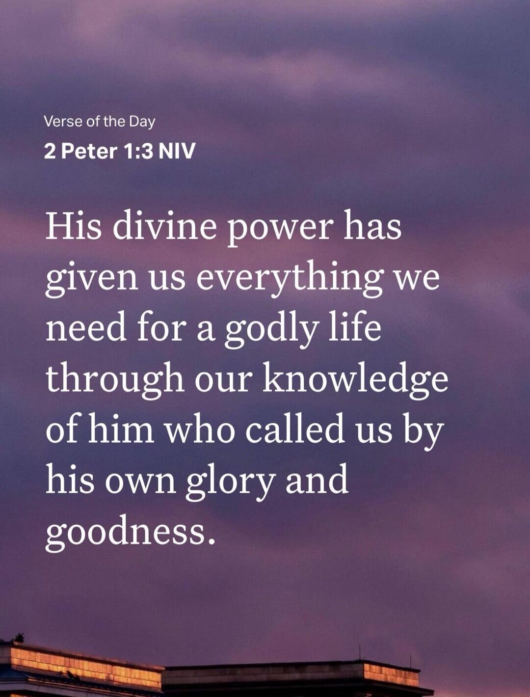 Verse of the Day
2 Peter 1:3 NIV
His divine power has given us everything we need for a godly life through our knowledge of him who called us by his own glory and goodness.