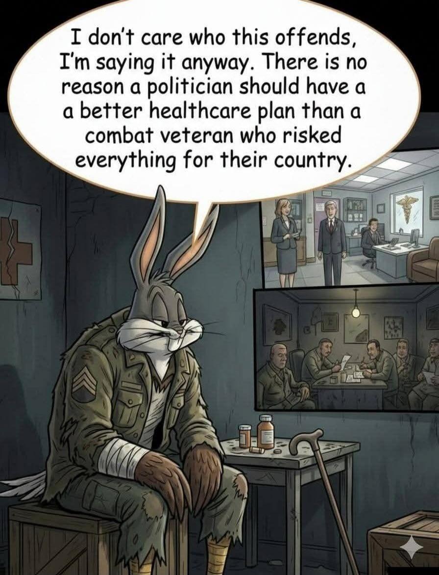 I don't care who this offends, I'm saying it anyway. There is no reason a politician should have a better healthcare plan than a combat veteran who risked everything for their country.