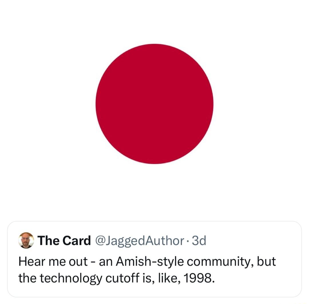 The Card JaggedAuthor 3d Hear me out an Amish style community but the technology cutoff is like 1998