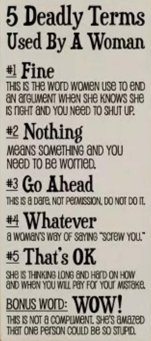 5 Deadly Terms Used By A Woman

#1 Fine
THIS IS THE WORD WOMEN USE TO END AN ARGUMENT WHEN SHE KNOWS SHE IS RIGHT AND YOU NEED TO SHUT UP.

#2 Nothing
MEANS SOMETHING AND YOU NEED TO BE Worried.

#3 Go Ahead
THIS IS A DARE, NOT PERMISSION, DO NOT DO IT.

#4 Whatever
A WOMAN'S WAY OF SAYING 