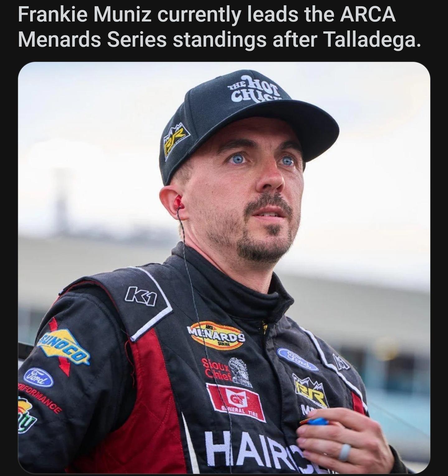 Frankie Muniz currently leads the ARCA Menards Series standings after Talladega