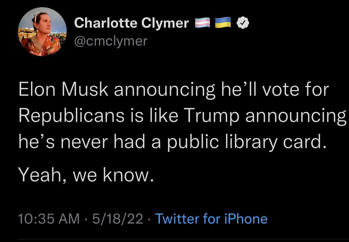 Charlotte Clymer 58 cmclymer eaRIVISTalaleV1aleilal M oSN IRYe SR o1 Republicans is like Trump announcing hes never had a public library card Yeah we know 1035 AM 51822 Twitter for iPhone