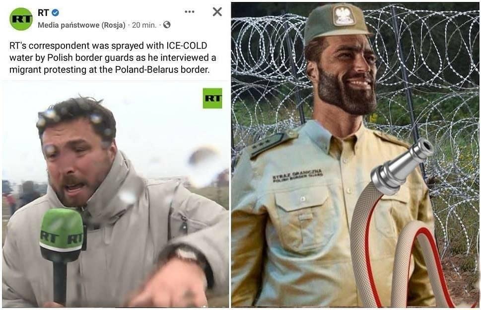 RT Media paristwowe Rosja 20 min RTs correspondent was sprayed with ICE COLD water by Polish border guards as he interviewed a migrant protesting at the Poland Belarus border