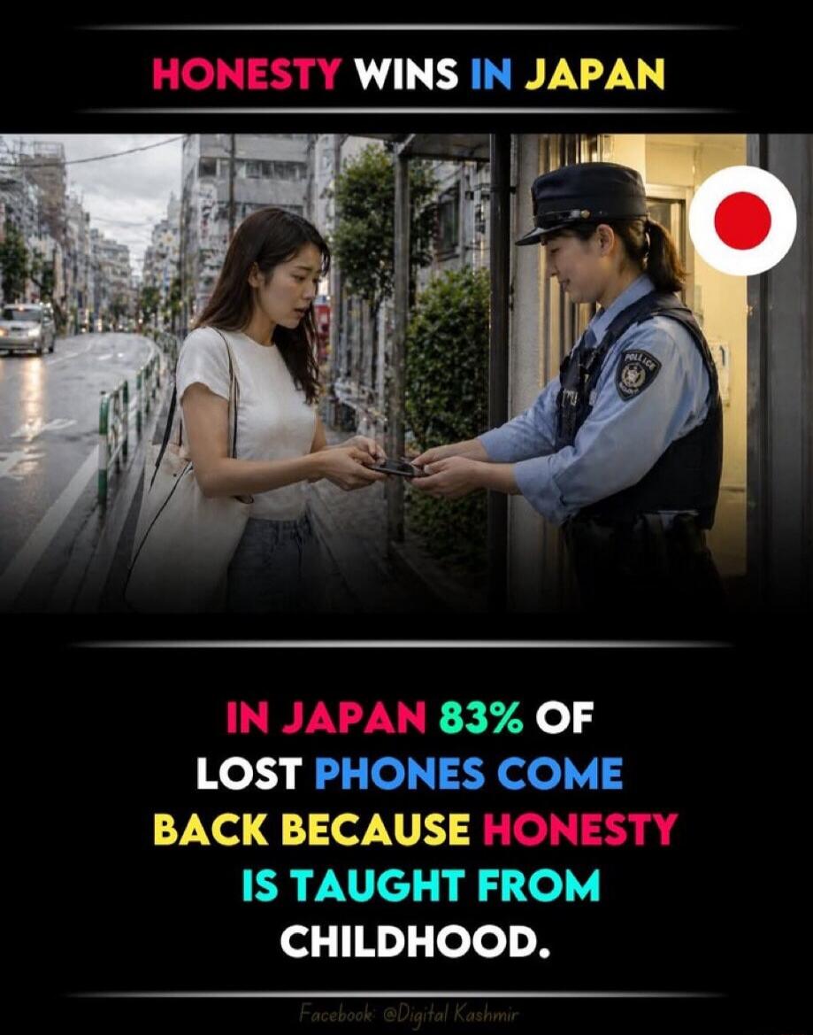 HONESTY WINS IN JAPAN. In Japan, 83% of lost phones come back because honesty is taught from childhood.