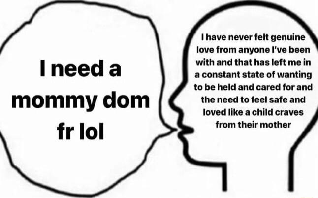 Ihave never felt genuine love from anyone Ive been with and that has left me in aconstant state of wanting to be held and cared for and the need to feel safe and loved like a child craves from their mother Ineeda mommy dom friol