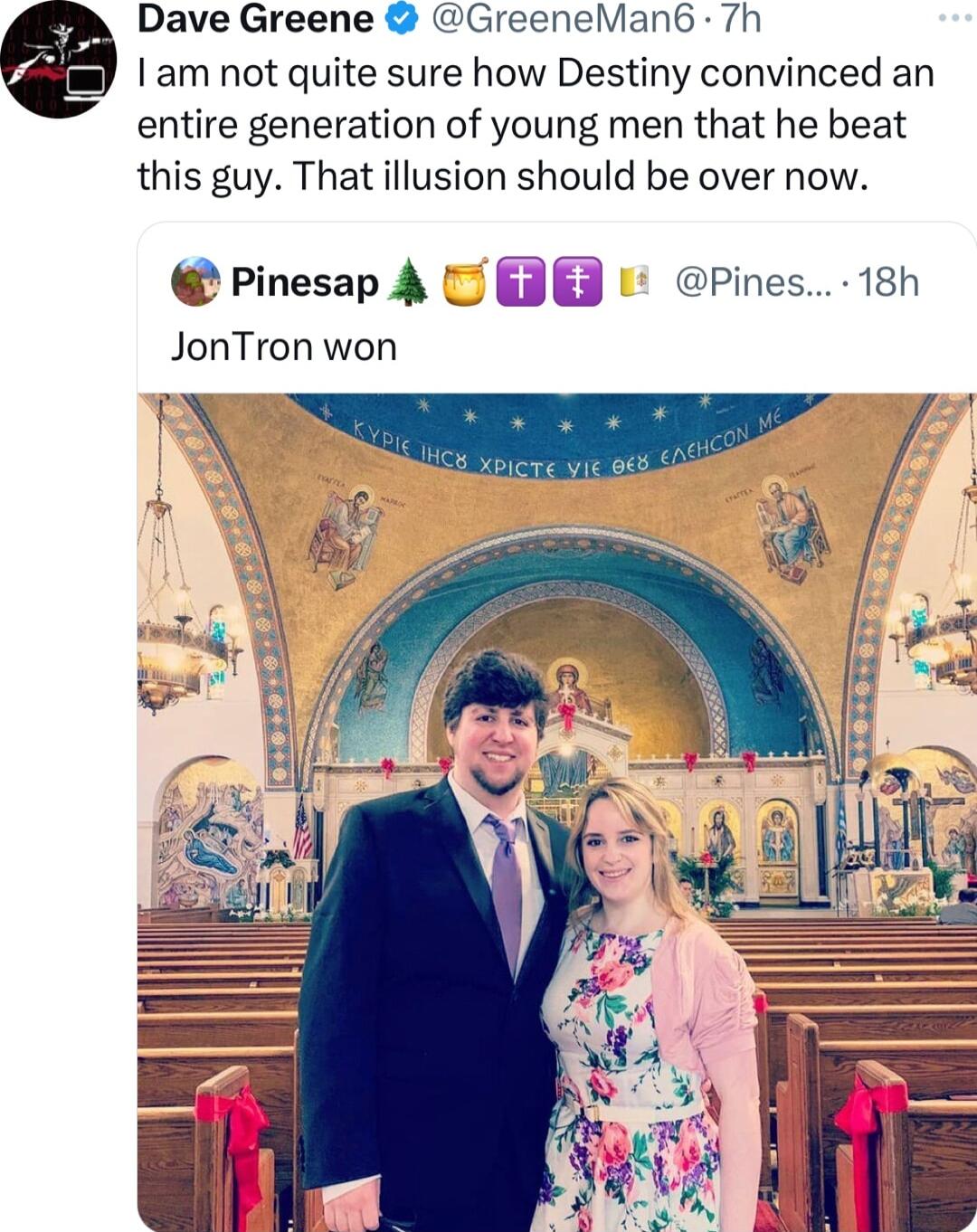 Dave Greene CGreeneMan6 7h am not quite sure how Destiny convinced an entire generation of young men that he beat this guy That illusion should be over now Pinesap 4 TEBE Pines 18h JonTron won