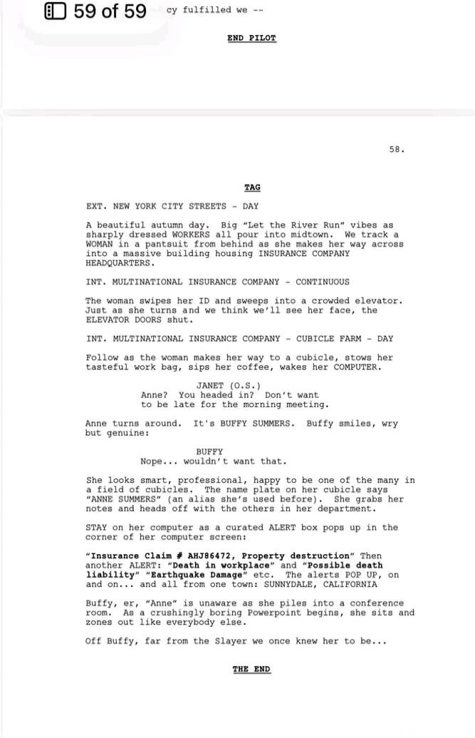 59 of 59 cy fulfilled we -- END PILOT 58. TAG EXT. NEW YORK CITY STREETS - DAY A beautiful autumn day. Big 