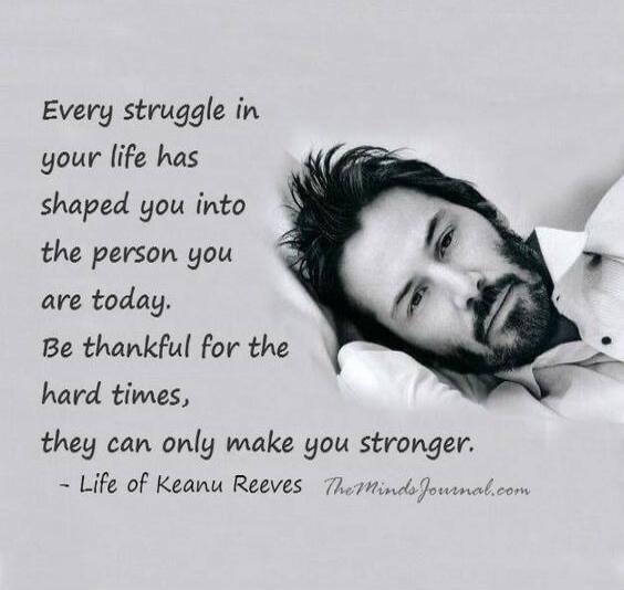 Every struggle in your life has shaped you into the person you are today. Be thankful for the hard times, they can only make you stronger. - Life of Keanu Reeves