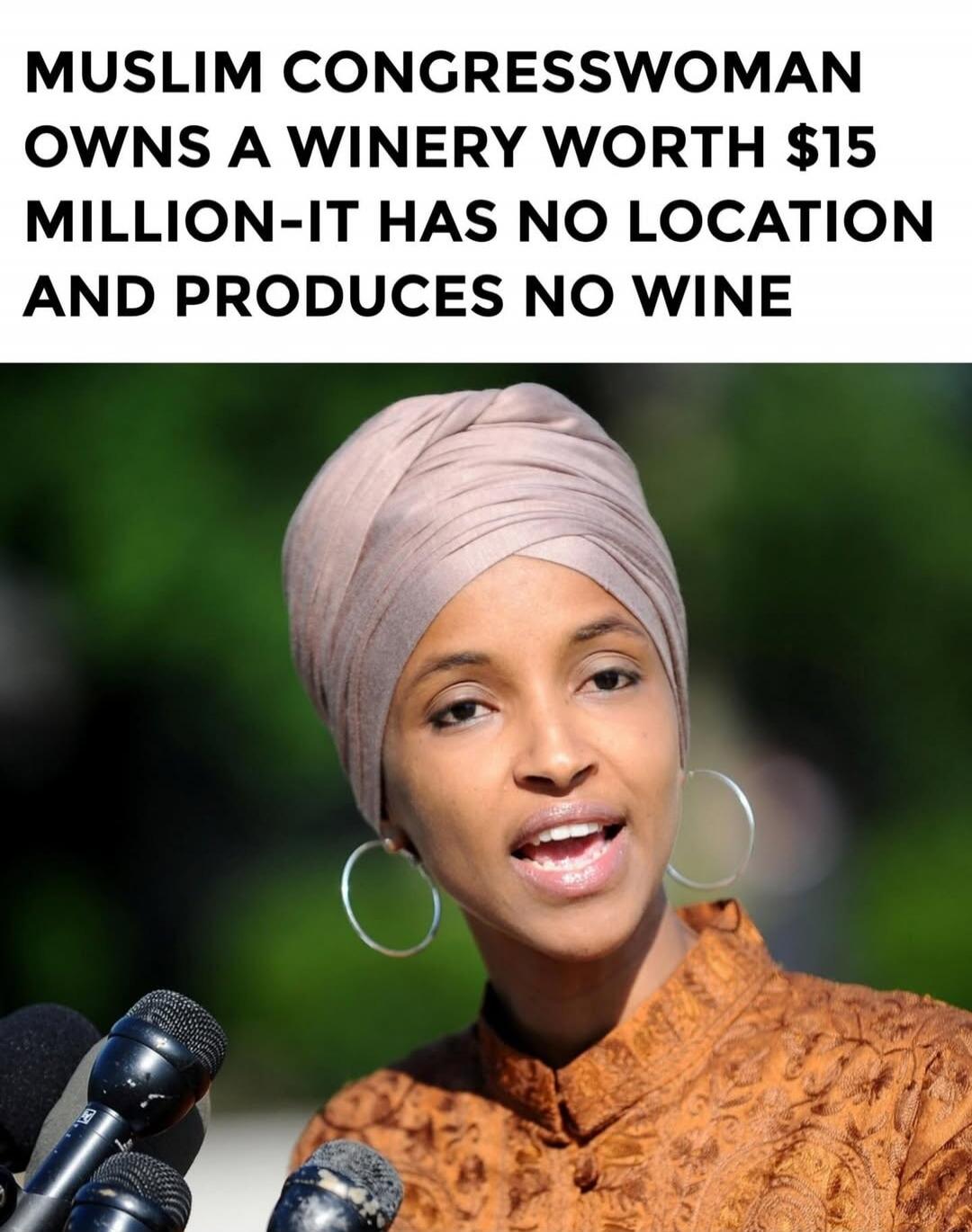 MUSLIM CONGRESSWOMAN OWNS A WINERY WORTH $15 MILLION-IT HAS NO LOCATION AND PRODUCES NO WINE