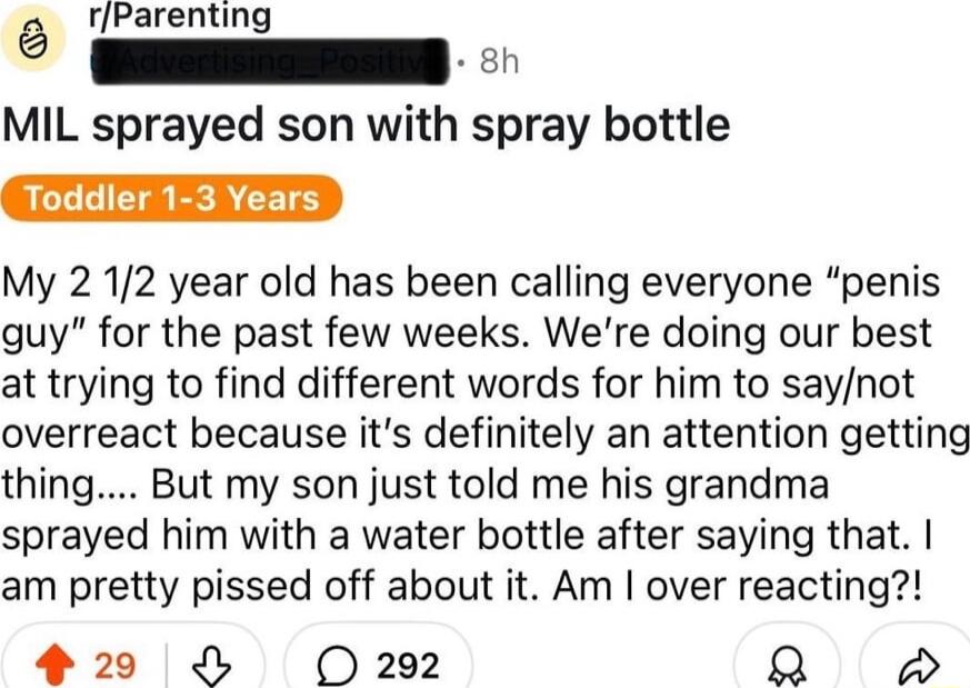 rParenting 8h MIL sprayed son with spray bottle My 2 12 year old has been calling everyone penis guy for the past few weeks Were doing our best at trying to find different words for him to saynot overreact because its definitely an attention getting thing But my son just told me his grandma sprayed him with a water bottle after saying that am pretty pissed off about it Am over reacting 2 8 D202