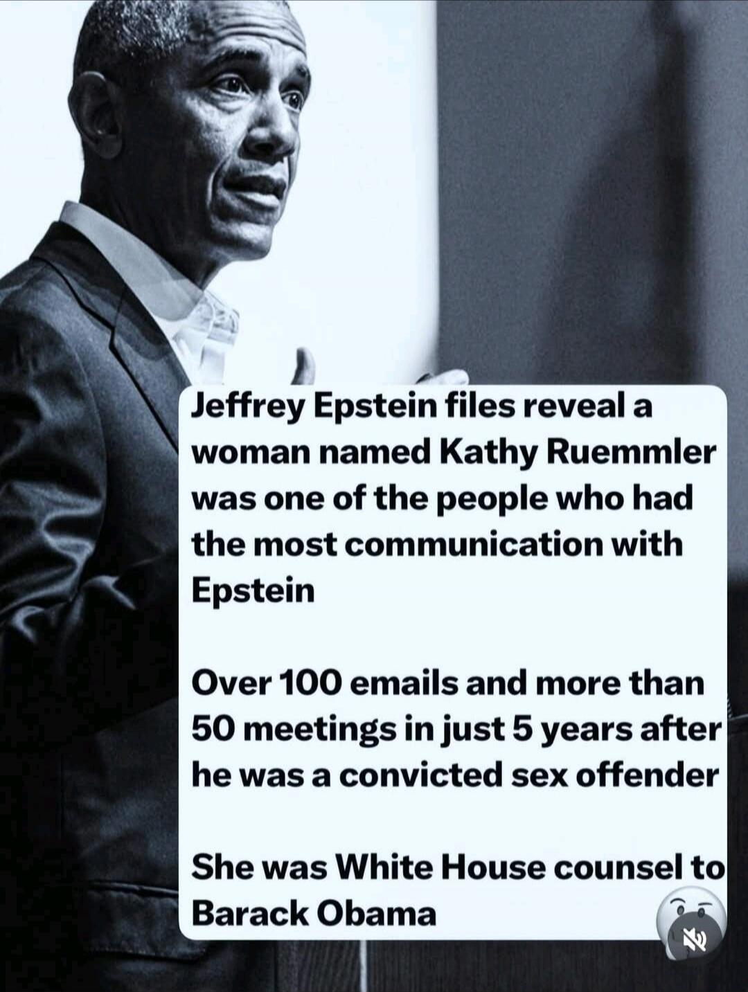 Jeffrey Epstein files reveal a woman named Kathy Ruemmler was one of the people who had the most communication with Epstein

Over 100 emails and more than 50 meetings in just 5 years after he was a convicted sex offender

She was White House counsel to Barack Obama
