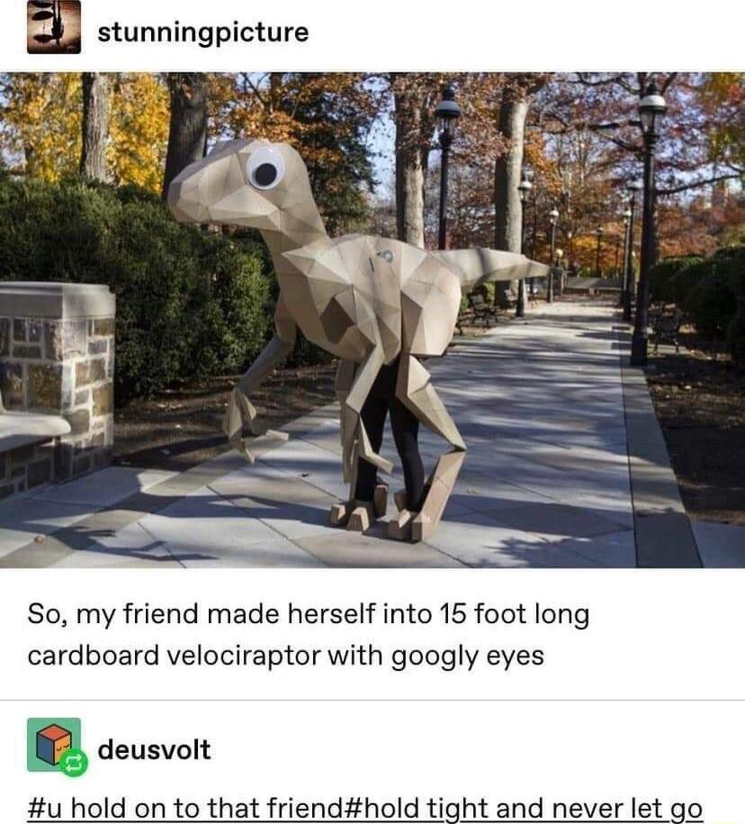 So my friend made herself into 15 foot long cardboard velociraptor with googly eyes u hold on to that
