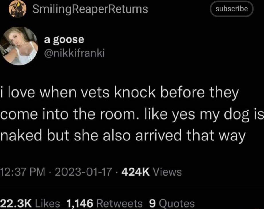 RIGTIHTREETEIAE TG E subscribe agoose CLINSHELT i love when vets knock before they come into the room like yes my dog is QELCI RN SISO R G EIRTE 1237 PM 2023 01 17 424K Views 223K Likes 1146 Retweets 9 Quotes