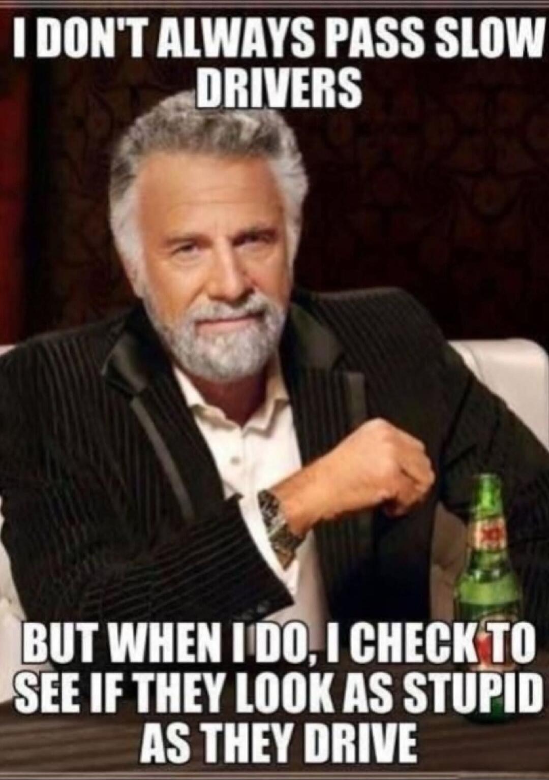 I DON'T ALWAYS PASS SLOW DRIVERS BUT WHEN I DO, I CHECK TO SEE IF THEY LOOK AS STUPID AS THEY DRIVE
