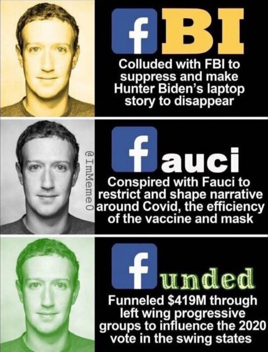 Facebook BI: Colluded with FBI to suppress and make Hunter Biden's laptop story to disappear

Facebook Fauci: Conspired with Fauci to restrict and shape narrative around Covid, the efficiency of the vaccine and mask

Facebook Funded: Funded $419M through left wing progressive groups to influence the 2020 vote in the swing states