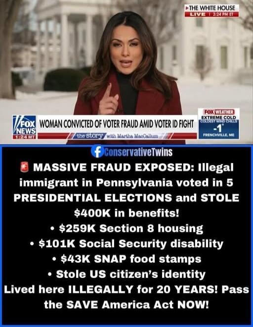WOMAN CONVICTED OF VOTER FRAUD AMID VOTER ID FIGHT. MASSIVE FRAUD EXPOSED: Illegal immigrant in Pennsylvania voted in 5 PRESIDENTIAL ELECTIONS and STOLE $400K in benefits! $259K Section 8 housing, $101K Social Security disability, $43K SNAP food stamps. Stole US citizen's identity. Lived here ILLEGALLY for 20 YEARS! Pass the SAVE America Act NOW!