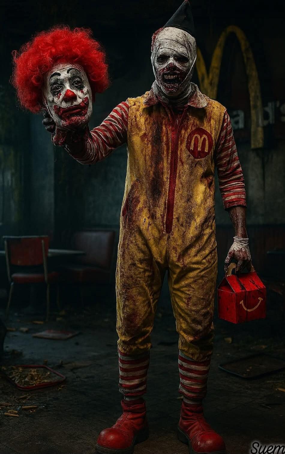 A dark, eerie scene featuring two creepy clowns in a dilapidated setting. One clown holds a severed-headed prop while the other wears a yellow, aged McDonald's jumpsuit with red stripes and a red clown nose, standing in a haunted environment. The scene is gritty and unsettling.