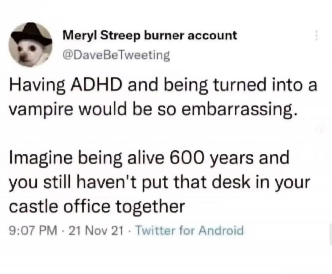 Meryl Streep burner account @DaveBeTweeting Having ADHD and being turned into a vampire would be so embarrassing. Imagine being alive 600 years and you still haven't put that desk in your castle office together 9:07 PM · 21 Nov 21 · Twitter for Android
