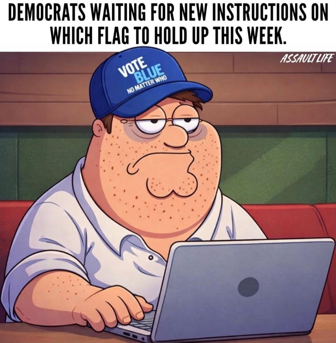 DEMOCRATS WAITING FOR NEW INSTRUCTIONS ON WHICH FLAG TO HOLD UP THIS WEEK.