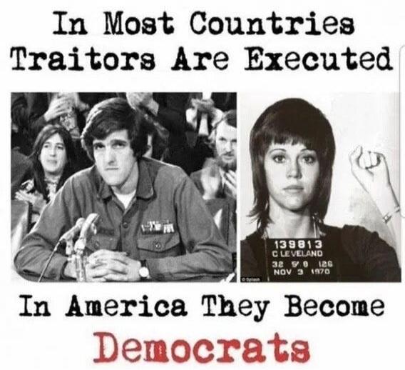 In Most Countries Traitors Are Executed In America They Become Democrats. The image on the right shows a mugshot with details: 139813 C CLEVELAND 32 9 6 126 NOV 3 1970.