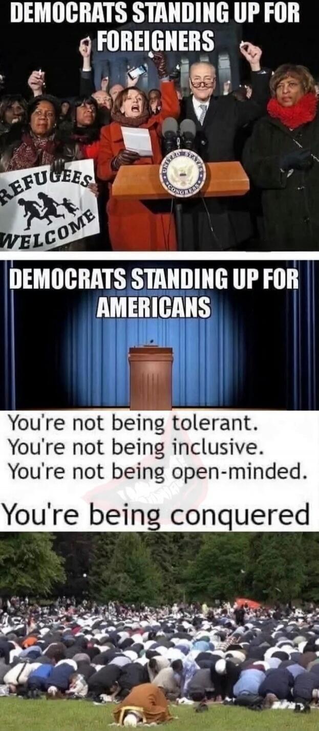 DEMOCRATS STANDING UP FOR FOREIGNERS
REFUGEES WELCOME
DEMOCRATS STANDING UP FOR AMERICANS
You're not being tolerant.
You're not being inclusive.
You're not being open-minded.
You're being conquered