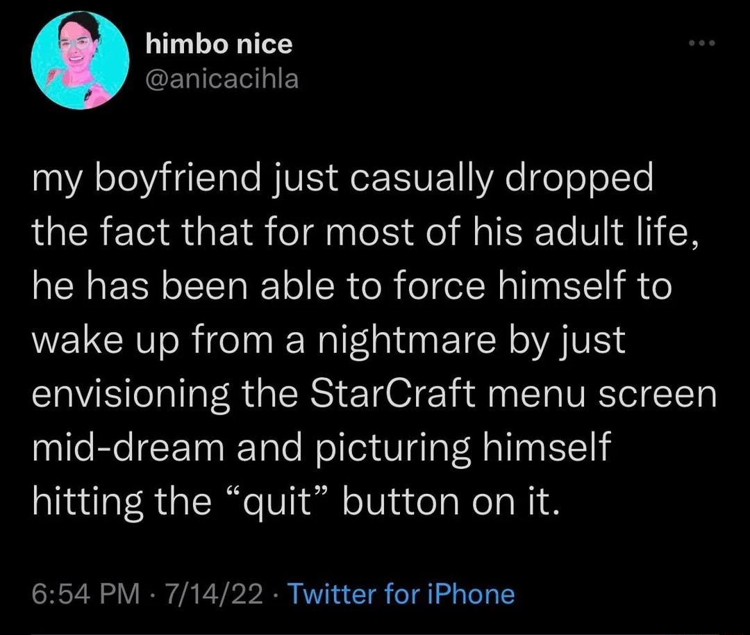 himbo nice GELIECTIES my boyfriend just casually dropped the fact that for most of his adult life he has been able to force himself to wake up from a nightmare by just envisioning the StarCraft menu screen mid dream and picturing himself hitting the quit button on it 654 PM 71422 Twitter for iPhone