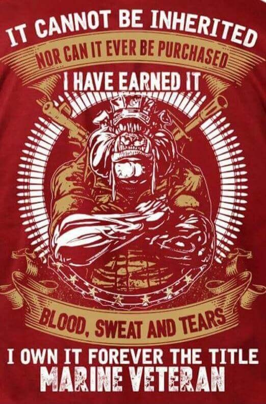 IT CANNOT BE INHERITED NOR CAN IT EVER BE PURCHASED I HAVE EARNED IT BLOOD, SWEAT AND TEARS I OWN IT FOREVER THE TITLE MARINE VETERAN