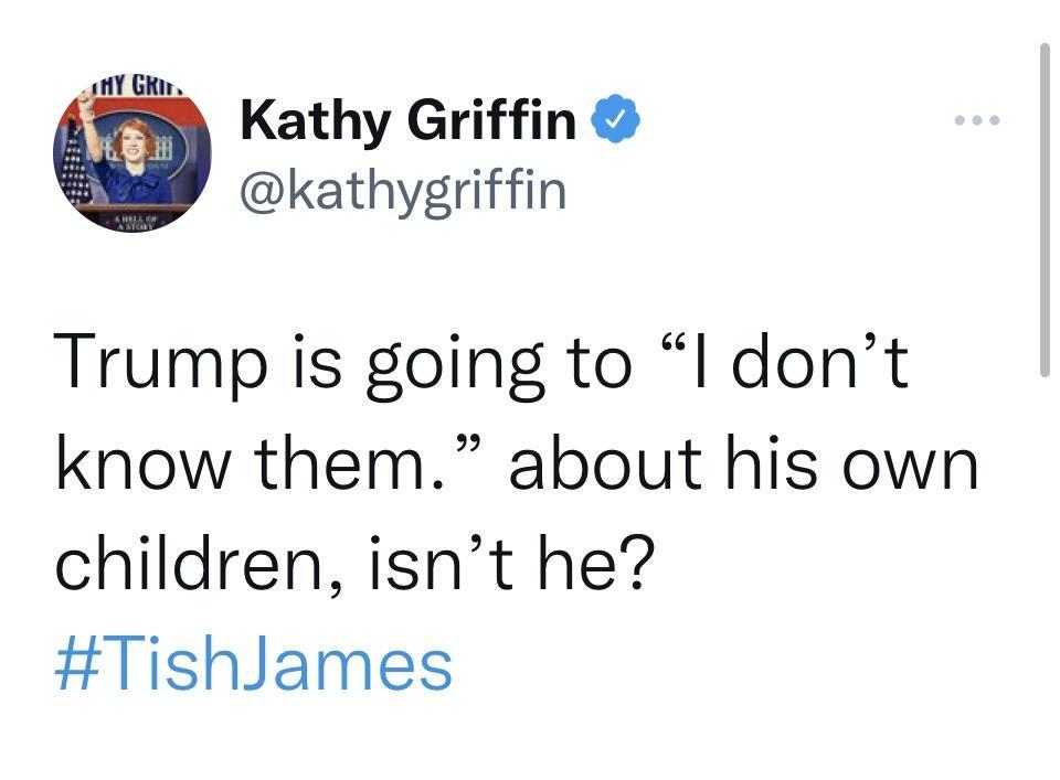 Kathy Griffin kathygriffin Trump is going to l dont know them about his own children isnt he TishJames