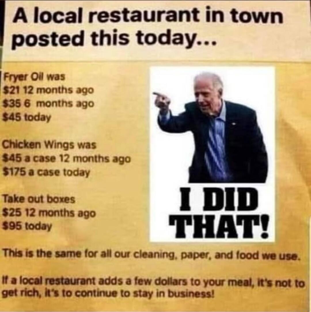 A local restaurant in town posted this today Fryer Ol was 2112 months ago 356 months ago 45 today Chicken Wings was 45 a case 12 months ago 175 a case today Take out boxes 25 12 months ago 05 today 1 DID THAT This is the same for all our cleaning paper and food we use It a local restaurant adds a few dollars to meal Mhbmmmuqmuu REmth