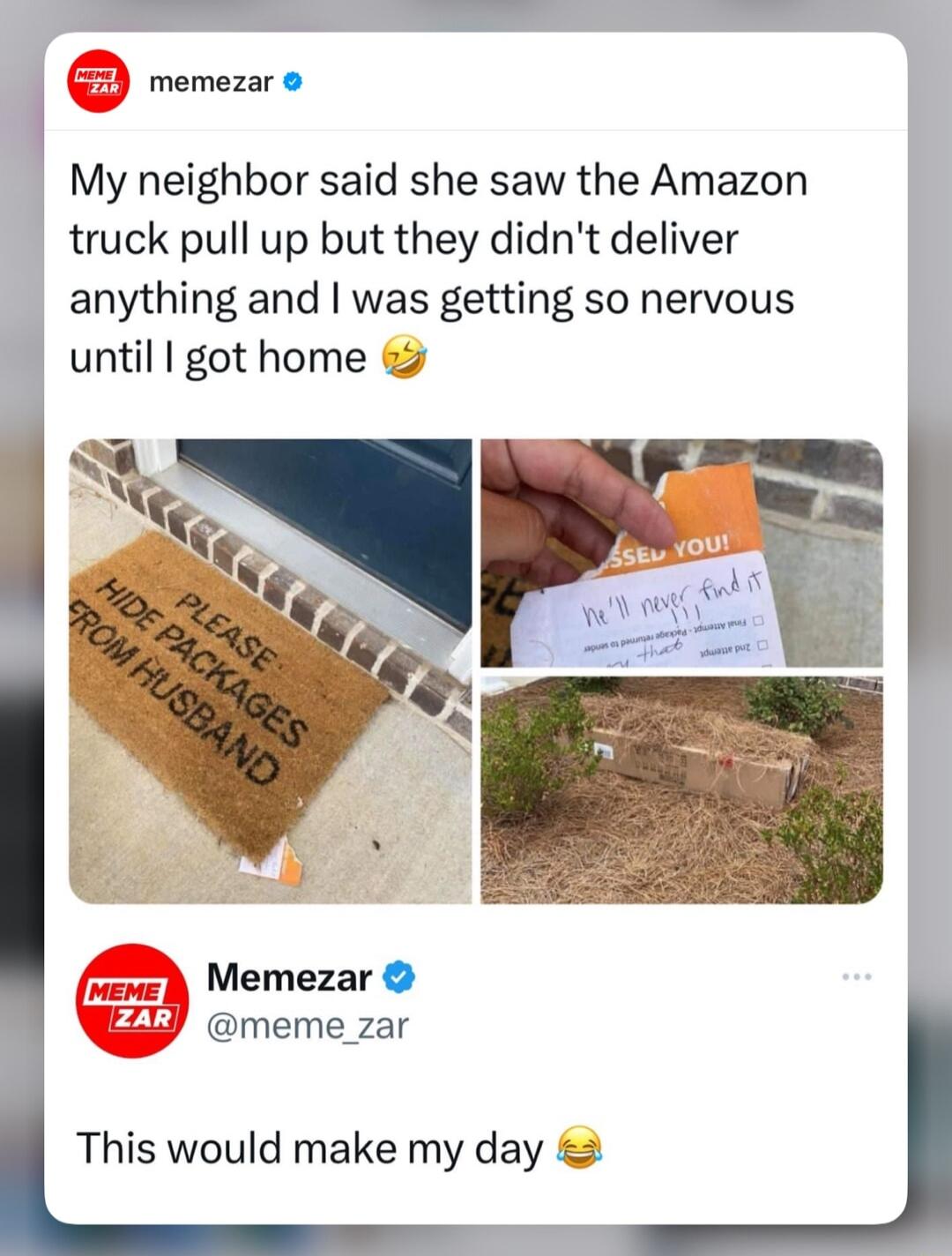 reveue My neighbor said she saw the Amazon truck pull up but they didnt deliver anything and was getting so nervous until got home Memezar meme zar This would make my day