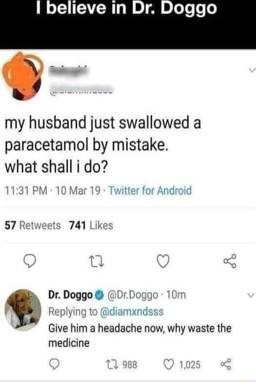 my husband just swallowed a paracetamol by mistake what shall i do 1131 PM 10 Mar 19 Twitter for Android 7 Retwe ets 741 Likes Dr Doggo DrDoggo 10m Replying to diamxndsss Give him a headache now why waste the medicine