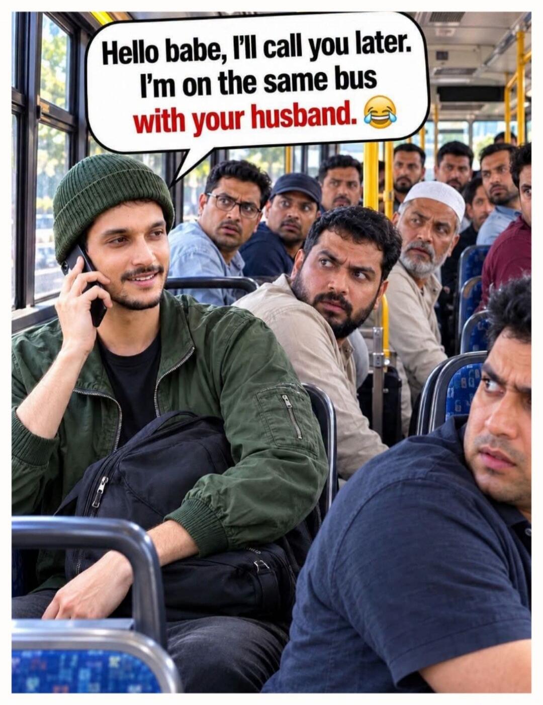 Hello babe, I'll call you later. I'm on the same bus with your husband.
