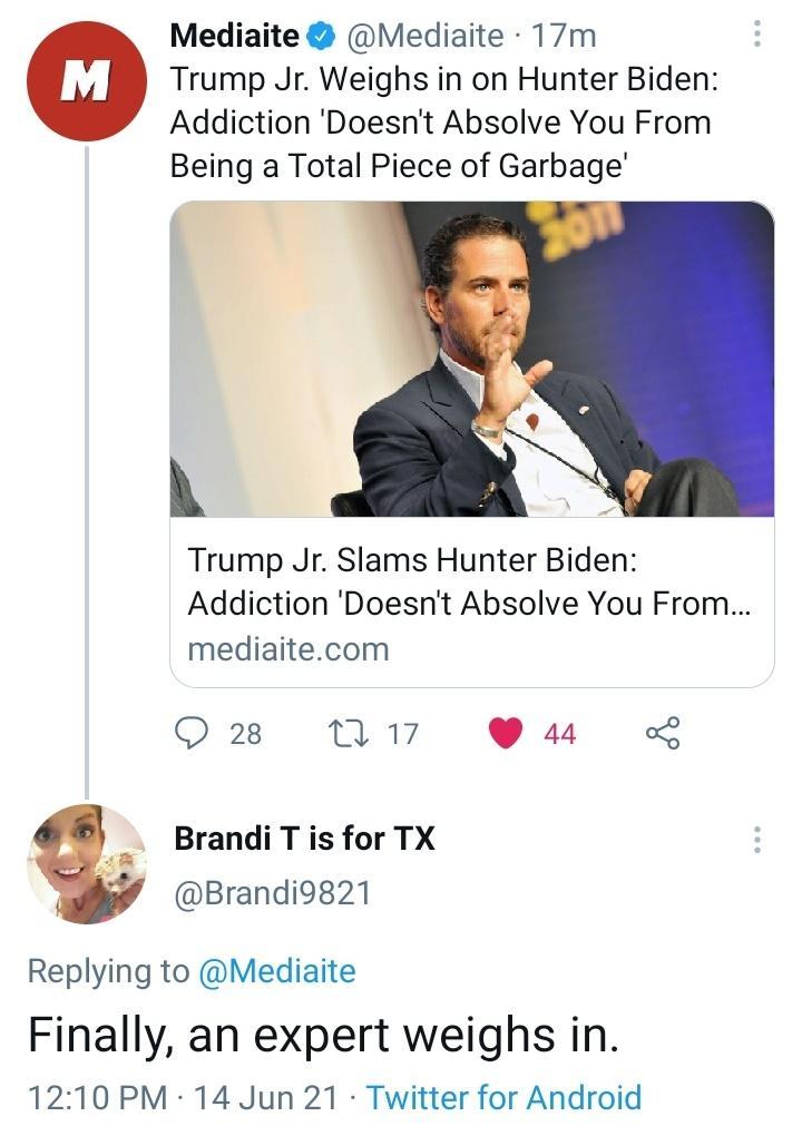 Mediaite Mediaite 17m o Trump Jr Weighs in on Hunter Biden Addiction Doesnt Absolve You From Being a Total Piece of Garbage A Trump Jr Slams Hunter Biden Addiction Doesnt Absolve You From mediaitecom Q22 M17 W4 o Brandi T is for TX Brandi9821 Replying to Mediaite Finally an expert weighs in 1210 PM 14 Jun 21 Twitter for Android