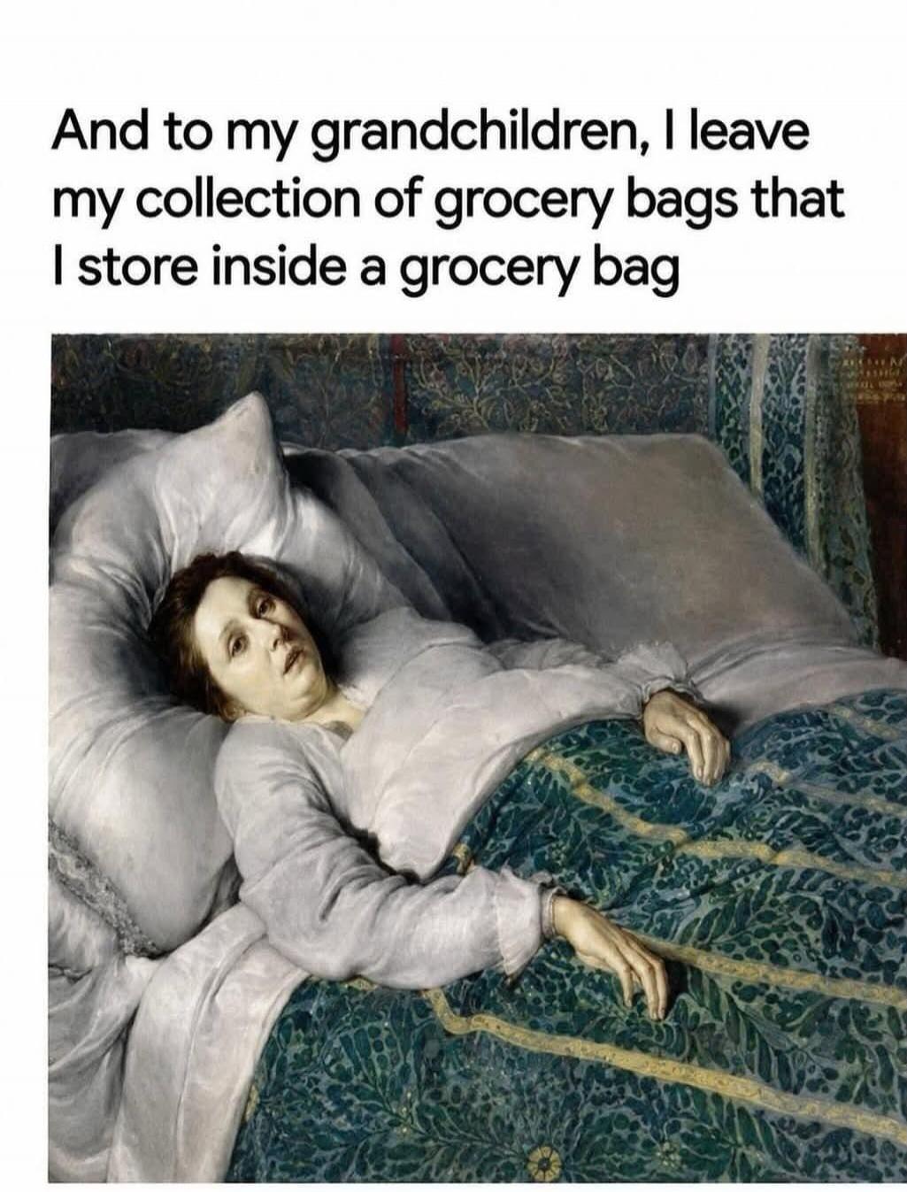 And to my grandchildren, I leave my collection of grocery bags that I store inside a grocery bag