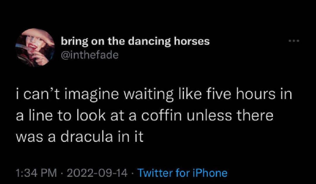 bring on the dancing horses inthefade i cant imagine waiting like five hours in aline to look at a coffin unless there was a dracula in it 134 PM 2022 09 14 Twitter for iPhone L EEWERE LYo lTLICR RS Ry R E