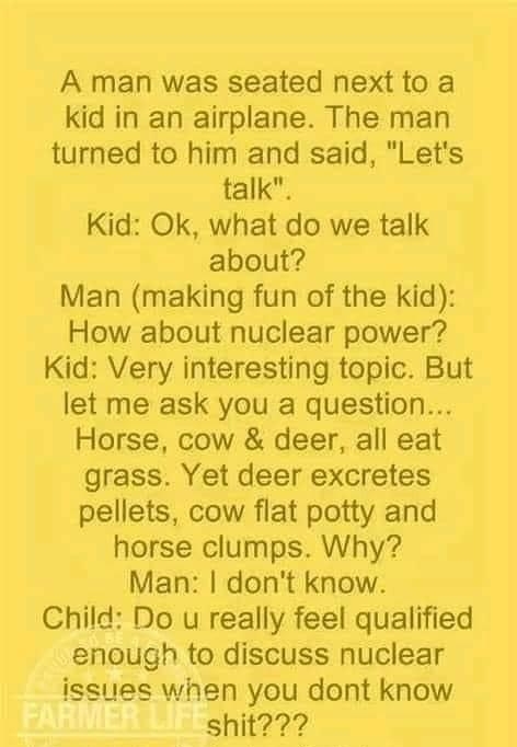 A man was seated nextto a kid in an airplane The man turned to him and said Lets talk Kid Ok what do we talk about Man making fun of the kid How about nuclear power Kid Very interesting topic But let me ask you a question Horse cow deer all eat grass Yet deer excretes pellets cow flat potty and horse clumps Why Man dont know Child Do u really feel qualified enough to discuss nuclear issues when yo