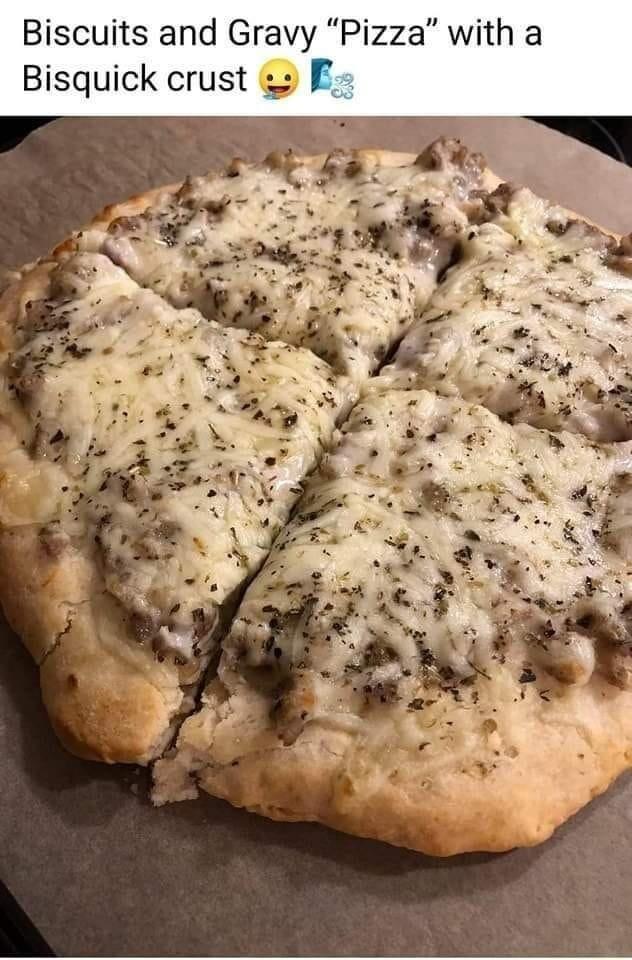 Biscuits and Gravy Pizza with a Bisquick crust F