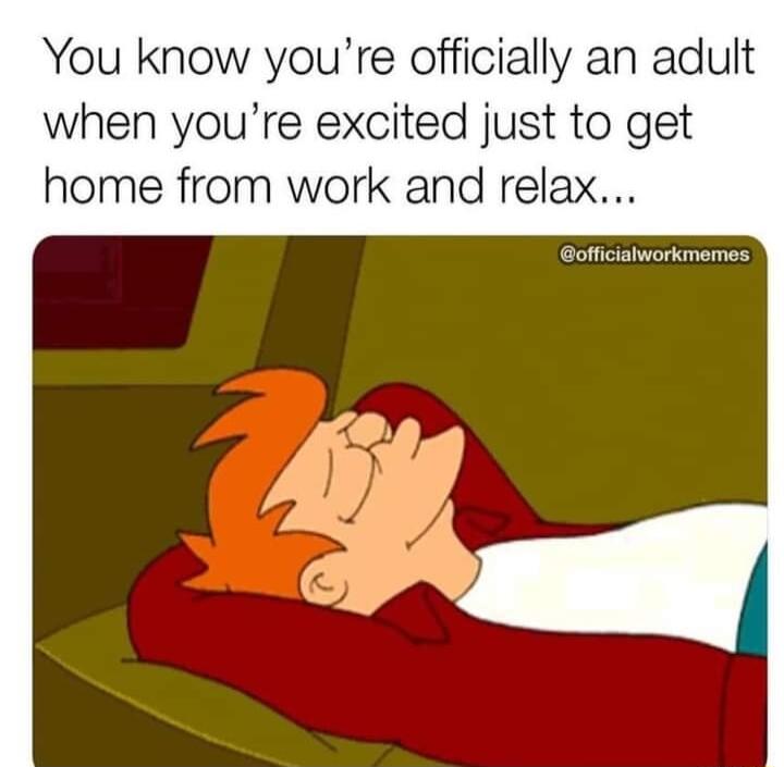 You know youre officially an adult when youre excited just to get home from work and relax officialworkmemes