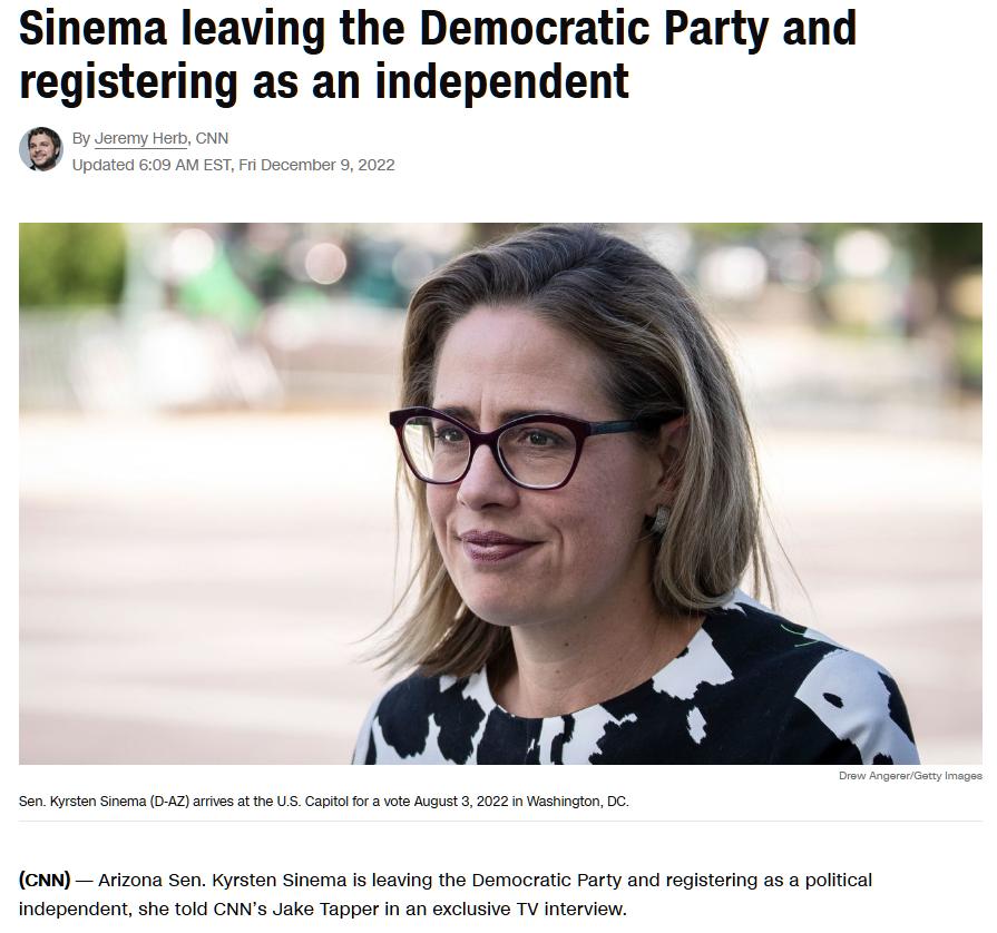 Sinema leaving the Democratic Party and registering as an independent 2 CAM rz0n S Kyt Sinema i ot Oemocratc Pary o 1ot a5 pltical