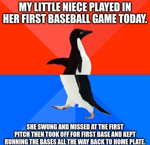 VA TRV HERFIRST BASEBALL GRME TODAY SHE SWUNG AND MISSED AT THE FIRST PITCH THEN TOOK OFF FOR FIRST BASE AND KEPT J_IIIIIE THE BASES ALL THE WAY BACK TO HOME PLATE