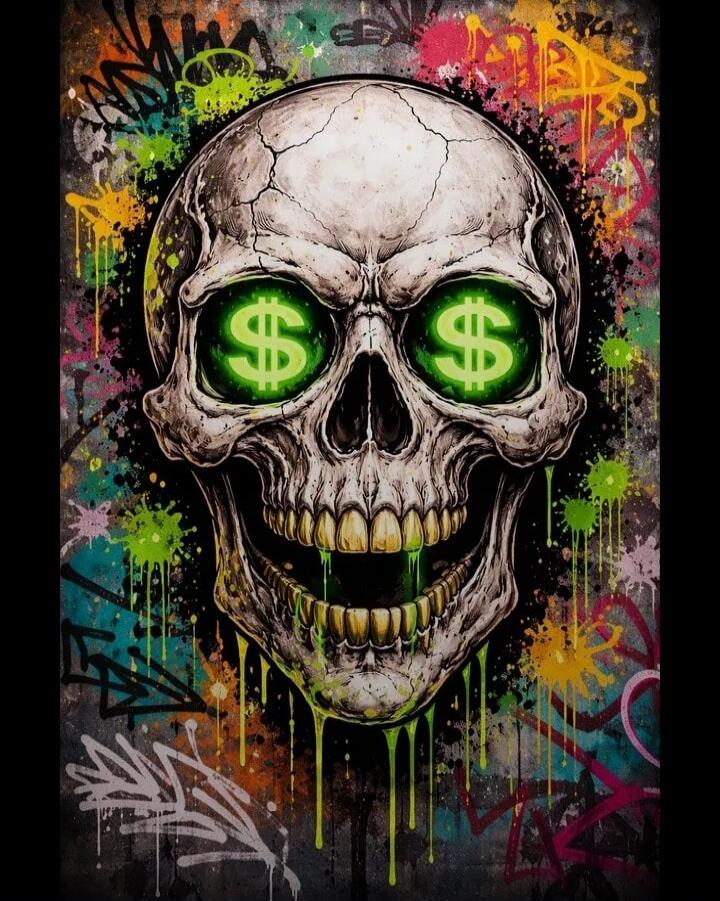 Skull with green dollar sign eyes, graffiti background