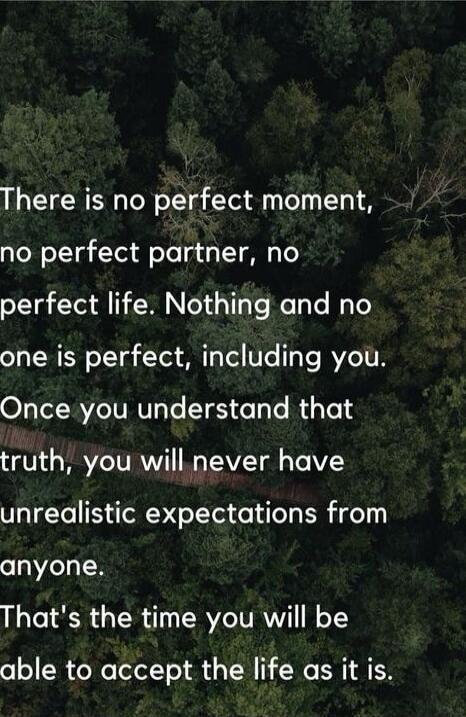 There is no perfect moment, no perfect partner, no perfect life. Nothing and no one is perfect, including you. Once you understand that truth, you will never have unrealistic expectations from anyone. That's the time you will be able to accept the life as it is.