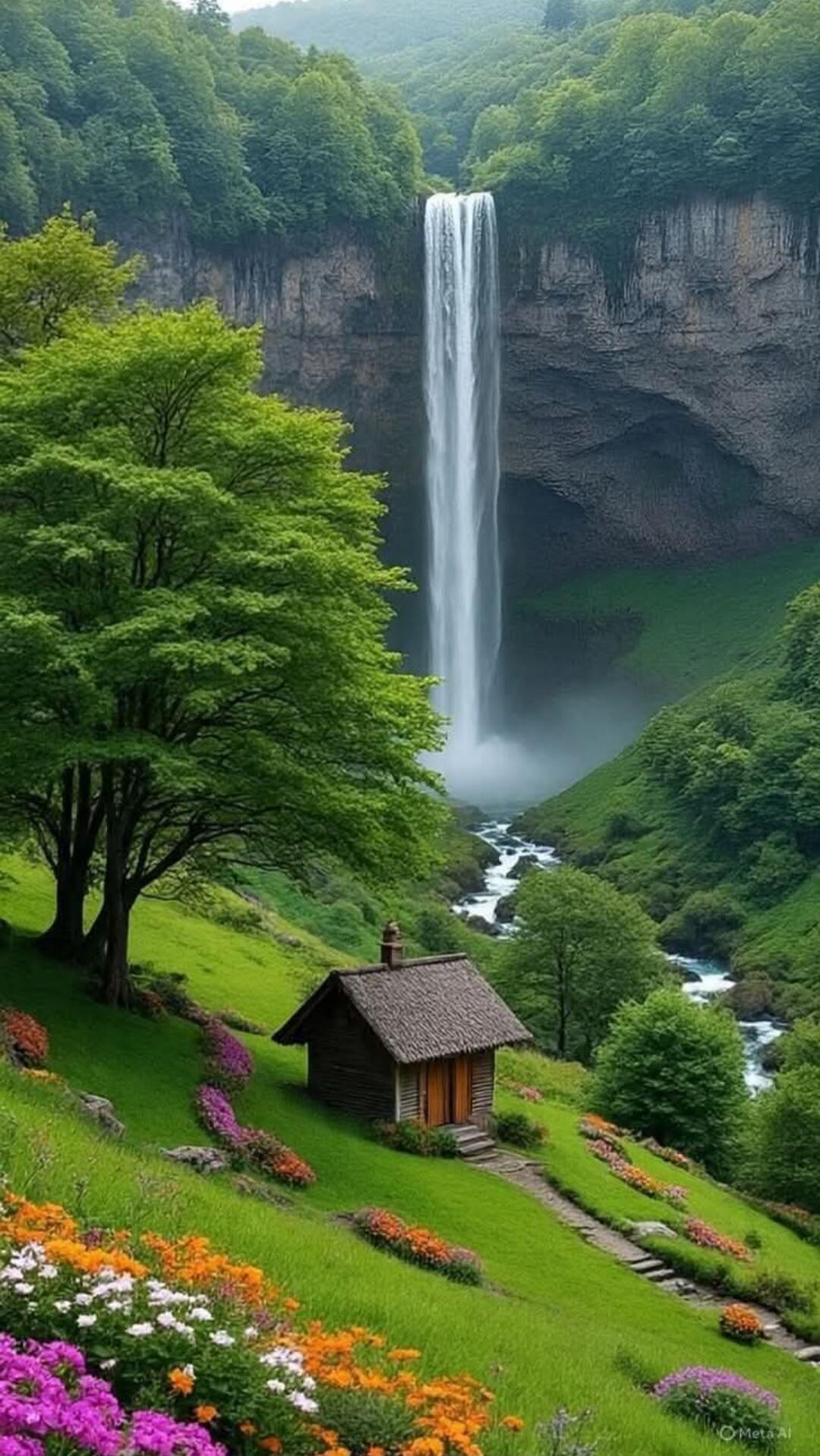 A tall waterfall in a green valley with a small wooden cabin, colorful flowers lining the hillside.