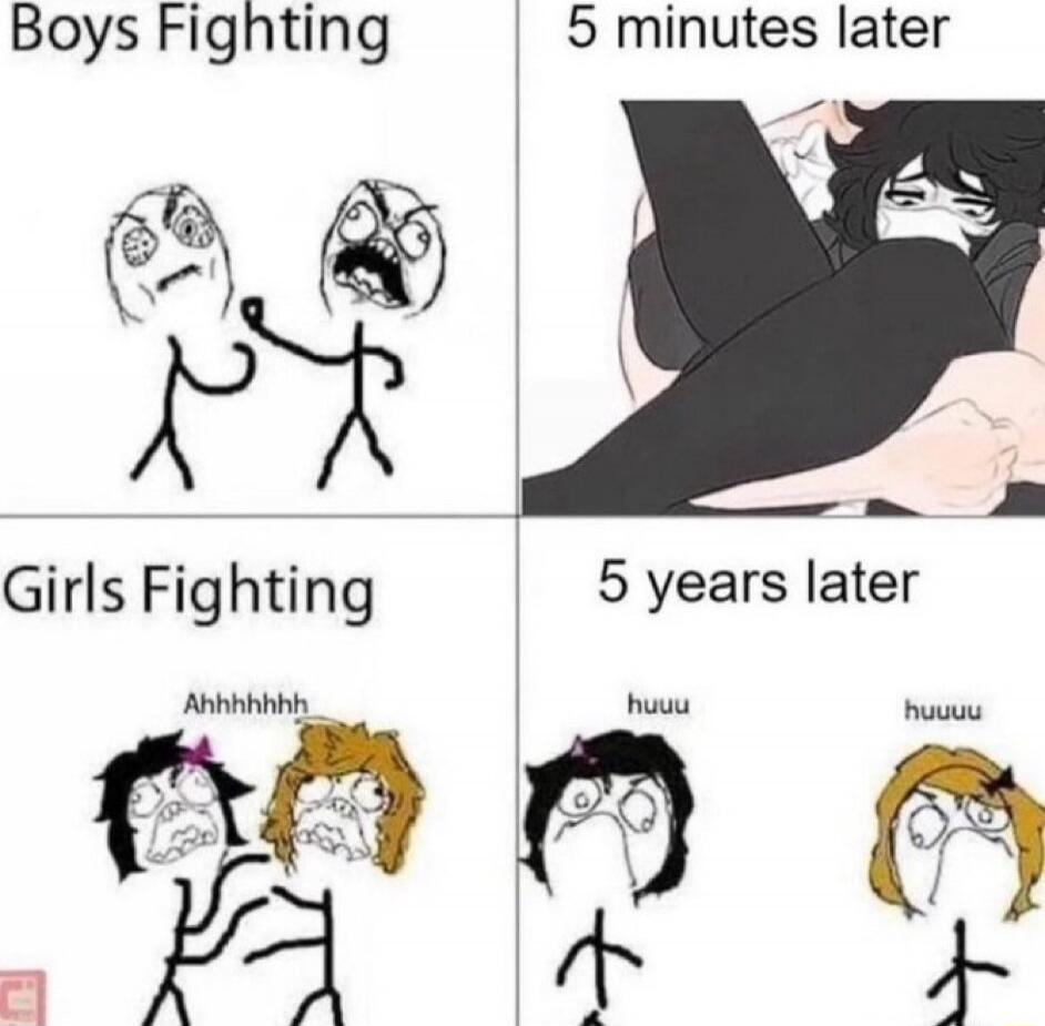 Boys Fighting | 5 minutes later | Girls Fighting | 5 years later | Ahhhhhhh | huuu
